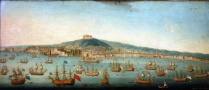 Uitzicht op de baai van Napels met de vloot van admiraal Byng voor anker door Gaspar Butler
