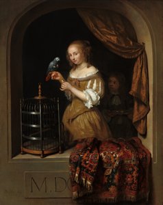 Een Vrouw die een Papegaai Voedt, met een Page, 1666 door Gaspar Netscher