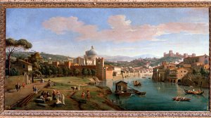 Uitzicht op Verona en de oevers van de Adige-rivier - Schilderij, eind 17e-18e eeuw door Gaspar van Wittel