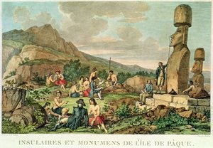Eilandbewoners en Monumenten van Paaseiland, plaat 11 uit de Atlas de Voyage de La Perouse, 1785-88 (gravure)
