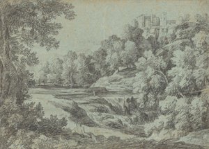 Italiaans Landschap met Vestingen en een Waterval door Gaspard Dughet