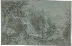 Italianiserend landschap met kerk op klif