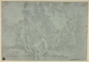 Rotsachtig landschap met figuren door Gaspard Dughet