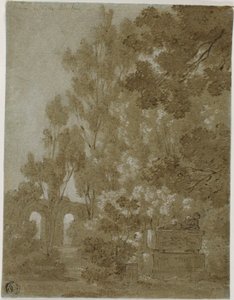 Uitzicht op vervallen bogen en graftombe in Villa Borghese door Gaspard Dughet