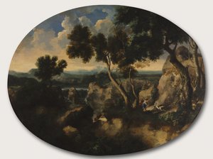 Rotsachtig Landschap met Jagers, ca. 1635 door Gaspard Poussin Dughet