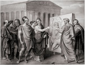 Atheense politicus Pericles (495-429 v.Chr.) en Aspasie zijn metgezel leiden het werk van Phidias voor het Parthenon in Athene. Gravure naar een schilderij van Gaspare Landi (1756-1830). 19e eeuw door Gaspare Landi