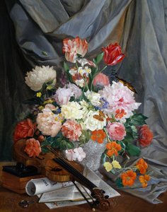 Stilleven met vaas van snijbloemen en viool door Gaspare Mattioli