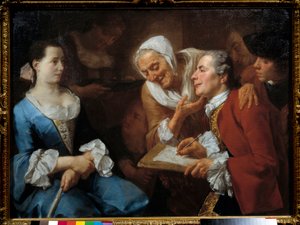 Een schilder en zijn model, achter hem strekt een oude vrouw haar nek uit om zijn tekening te bekijken. Schilderij door Gaspare Traversi (1732-1769) 1754 Zon. 0,99x0,73 m door Gaspare Traversi