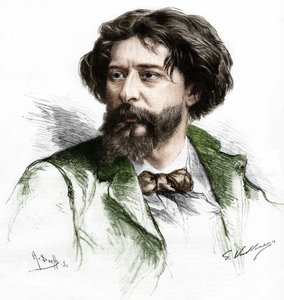 Portret van Alphonse Daudet (1840-1897), Franse schrijver. Gravure door A. Pochy naar Gaston Vuillier, eind 19e eeuw. door Gaston (after) Vuillier
