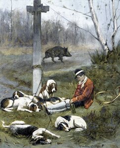 De jager en zijn slaperige honden - gravure door Gaston Gelebert door Gaston Gelibert