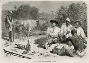 Een groep vaqueros die kaarten speelt en alcohol drinkt, nabij hun kuddes ossen, gravure naar een tekening van G. Vuillier, ter illustratie van het verhaal De Cayenne aux Andes, door Jules Crevaux, arts van de Franse marine, in 1878-1879, gepubliceerd in d door Gaston Vuillier