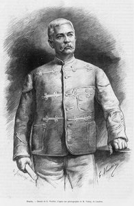 Portret van Henry Morton Stanley (geboren John Rowlands 1841-1904) journalist en ontdekkingsreiziger. Gravure door G.Vuillier, ter illustratie van het verhaal In de duisternis van Afrika, Zoektocht ontdekt en terugtocht van Emin Pacha.