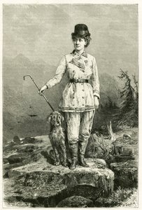 Portret van Madame Marie De Ujfalvy-Bourdon, in reiskleding, met haar hond, getrouwd met etnoloog, taalkundige en ontdekkingsreiziger Charles Eugene Ujfalvy (1842-1904), zij vergezelde hem op al zijn expedities. Gravure door G.Vuillier, naar de natuur. door Gaston Vuillier