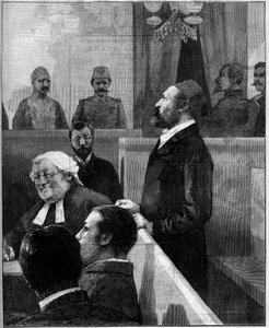 Proces van de Egyptische Arabi Pasha, organisator van de anti-Europese opstand van Alexandrië in juni 1882. Gravure door Vuillier in Le Monde Illustré nr. 1343 van 13 december 1882 door Gaston Vuillier