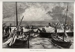 Tonijnvissen (mattanza): de doodskamer, tonijnen worden in een krappe ruimte geperst en bedekt door de harpoenen van de vissers. Gravure en verhaal La Sardaigne door Gaston Vuillier (1845-1915), in 1890, in Le tour du monde, nouveau journal des voyages, on door Gaston Vuillier