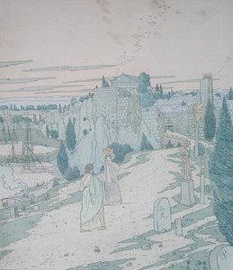 Odysseus ontmoet de godin Minerva vermomd als meisje met een kruik, illustratie uit Boek 6 van de Odyssee, vertaald door Lecomte de l