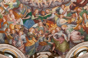 Detail van de Tenhemelopneming van de Heilige Maagd, bekend als "Het koor van engelen die muziek spelen", koepel van het transept, uit 1534 (fresco) door Gaudenzio Ferrari
