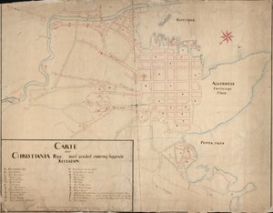Kaart van de Nasjonalbibliotekets kartsamling. Uitgegeven in 1649 en toont Christiania door Geelkerck