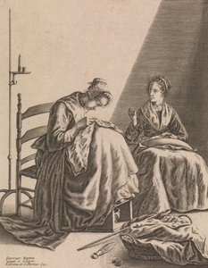 Twee Vrouwen aan het Naaien, Plaat 1 uit Vijf Vrouwelijke Bezigheden door Geertruydt Roghman