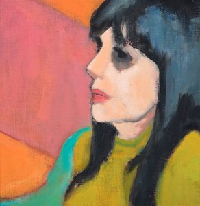 Black Hair, Lime Jumper, 2017 (olieverf op canvasboard) door Genevieve French