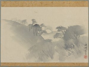 Landschap met heuvel, bomen en maanopkomst, Edo-periode, 1747-1868