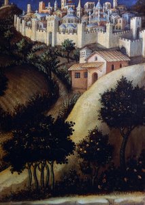 Aanbidding der Wijzen altaarstuk, detail van het centrale predellapaneel van Egypte door Gentile da Fabriano