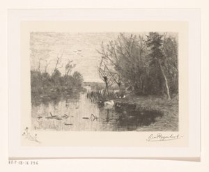 Eenden langs en op de oever van een plas door Geo Poggenbeek (signed by artist)