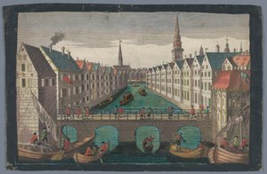 Gezicht op de Nikolaifleet tegenover de Sankt Nikolaikirche te Hamburg door Georg Balthasar Probst (possibly)