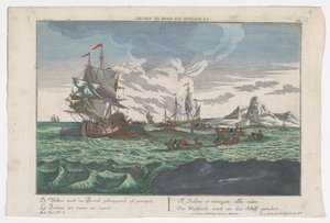 Gezicht op het roeien van de walvissen naar de schepen