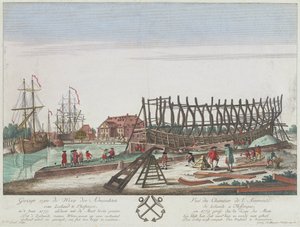 Uitzicht op de scheepswerf van de Admiraliteit van Zeeland in Vlissingen in 1779. Lithografie, gravure door Leizel gebaseerd op een tekening van Georg Balthasar Probst (1732-1801)