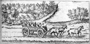 Koets met passagiers in Frankrijk, detail van een kaart, eind 16e eeuw door Georg Braun und Franz Hogenberg
