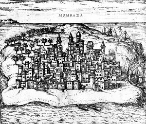Uitzicht op Mombaza, uit Georg Brauns Civitates orbis terrarum, gepubliceerd in 1572 (detail)