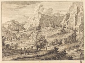 Bergachtig Landschap met Figuren en een Klooster door Georg Eisenmann