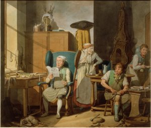 Schoenmakersfamilie in de werkplaats