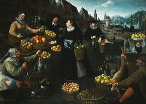 Een allegorie van de herfst: een fruit- en groentekraam boven de Weinmarkt in Frankfurt