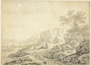 Rotsachtig landschap met figuren en hond op pad