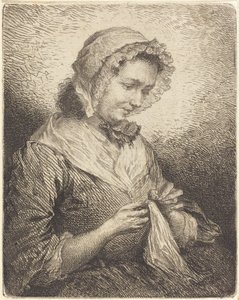 De vrouw van de kunstenaar aan het naaien