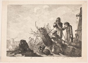 Drie boeren in een landschap