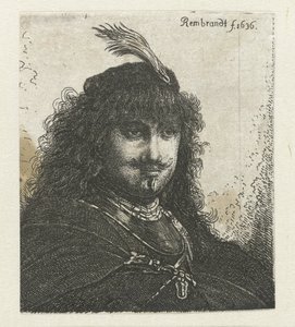 Zelfportret (?) met gevederde hoed en neergeslagen sabel door Georg Leopold Hertel