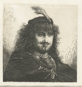 Zelfportret (?) met gevederde hoed en neergeslagen sabel door Georg Leopold Hertel