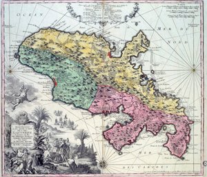 Gedetailleerde kaart van het eiland Martinique in de West-Indië. Gravure door Matthew Seutter, 18e eeuw. Chartres, Musée des Beaux Arts