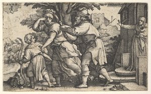 Abraham stuurt Hagar en Ismaël weg: Abraham houdt een vat vast terwijl Hagar en Ismaël..., ca. 1543 door Georg Pencz