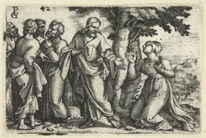 Christus geneest de bloedvloeiende vrouw door Georg Pencz