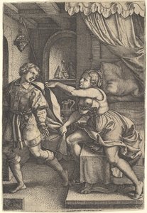 Jozef loopt weg van Potifars vrouw, die zijn mantel met beide handen vastgrijpt terwijl ze..., 1546 door Georg Pencz