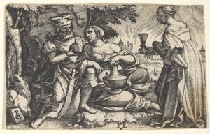 Lot en zijn dochters: een dochter rust met haar rechterarm op Lots knie en een andere..., ca. 1531 door Georg Pencz
