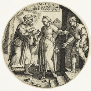 Vreemdelingen beschutten, uit De Zeven Werken van Barmhartigheid door Georg Pencz
