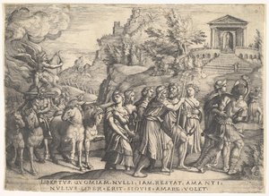 Triomf van de liefde: vier paarden trekken een wagen met Cupido staand op een rokend platform, ca. 1539 door Georg Pencz