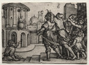 Vergilius hangend in een mand door Georg Pencz