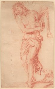 Ecce Homo. Staande, lijdende Christus met roede en knoestige zweep en doornenkroon op het hoofd door Georg Petel