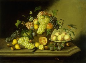 Stilleven met een mand druiven en gemengd fruit op een stenen richel